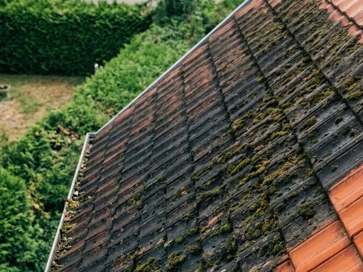 Couverture assombrie par les lichens avant nettoyage à Chelles