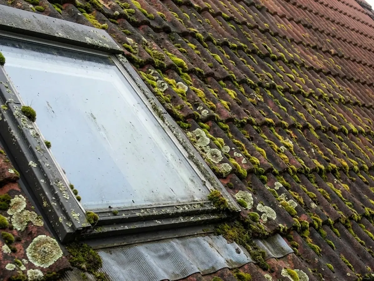 Toiture à vérifier, éléments masqués par les lichens à Chelles